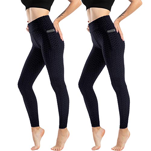 Doublehero 2er Pack Leggings Damen High Waist - Hochtaillierte Leggins Blickdicht Weich Elastisch Yogahose Tights Laufhose Fitnesshose Sporthose Leggings Fitnesshose mit Taschen (2er Pack- Navy, XL) von Doublehero