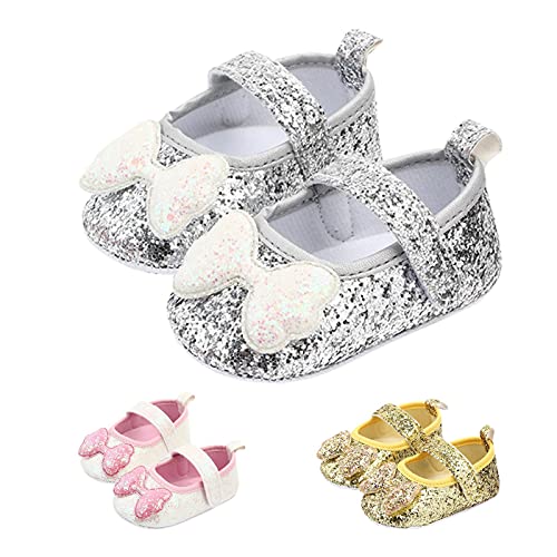 Doublehero Baby Mädchen Prinzessin Schuhe, Lauflernschuhe Bowknot Schuhe, Babyschuhe Mode Kinder Ballerina Prinzessin Casual Flache, Sneaker Weiche Schuhe (Silber, 12_Months) von Doublehero