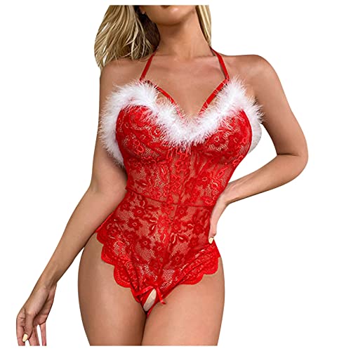 Doublehero Body Damen Sexy Dessous Bodysuit BH mit Bügel Overall Reizwäsche Negligee Spitze Unterwäsche Babydoll Lingerie Weihnachten Cosplay Dessous Sets Rot von Doublehero