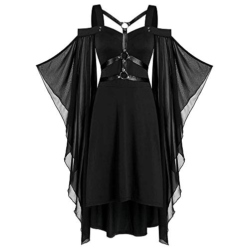 Doublehero Damen Gothic Schwarz-Kleid Schulterfrei Kleider Festlich A-Linie Schnürkleid mit Schmetterlingsärmeln, Kostüm mit Träger für Halloween Damen (XL,Schwarz) von Doublehero