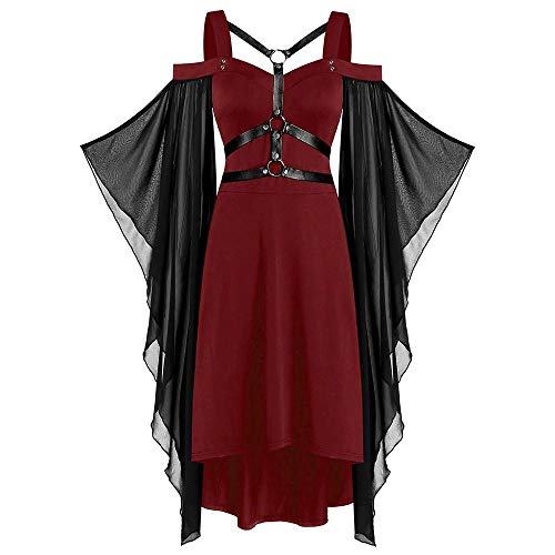 Doublehero Damen Gothic Schwarz-Kleid Schulterfrei Kleider Festlich A-Linie Schnürkleid mit Schmetterlingsärmeln, Kostüm mit Träger für Halloween Damen (XXXXL,Weinrot) von Doublehero