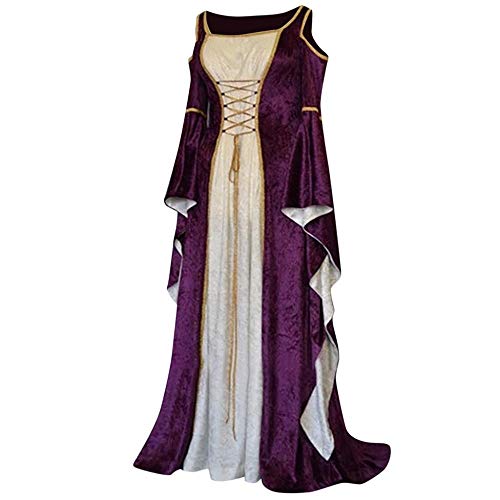 Doublehero Damen Mittelalter Kleid Satin Trompetenärmel Bodenlanges Retro Off-Shoulder Kostüm Gewand Gothic Renaissance Viktorianisches Cosplay Prinzessin Kleidung HexenKostüm Gewand von Doublehero