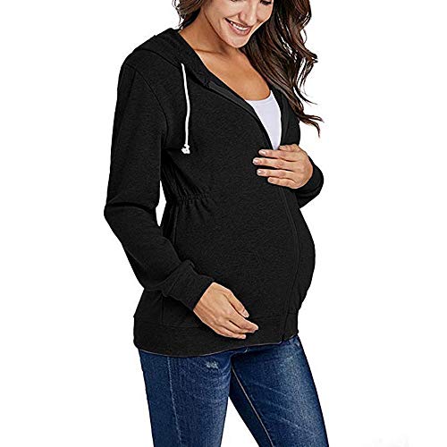 Doublehero Damen Schwanger Übergangsmantel mit Kapuzen Oberteile Langarm Stillshirt Kapuzenpullover Solide Sweatshirt Umstandstops Mama Kleidung Umstandstunika Schwanger Umstandsshirt (XXL, Schwarz) von Doublehero