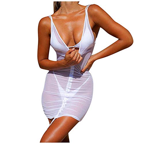Doublehero Damen Sexy Bodycon Minikleid Transparente Reizwäsche V-Ausschinitt Kleid Bikini Cover Up Sommer Casual Bluse Swimwear Badenanzug Sonnenschutzkleidung (M, Weiß) von Doublehero