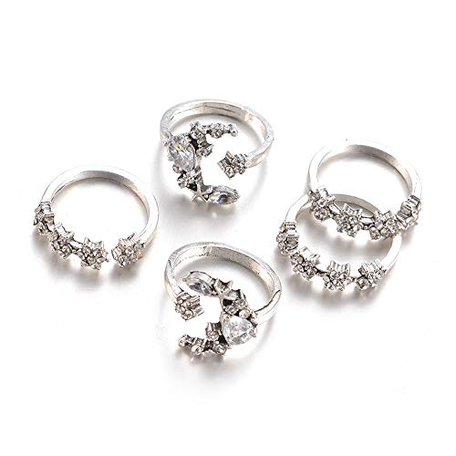 Doublehero Damenring Herz Set 5PC Stacks für Frauen Bohemian kristalline Damenringe Mondsterne Ringe Statement (Silver-C, One Size) von Doublehero