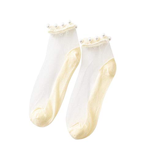 Doublehero Frauen Söckchen Spitzen Damen Sommer Jahrgang Ultradünne Transparent Schöne Pearl Spitze Elastische Kurze Socken für Erwachsene Socken (Beige) von Doublehero