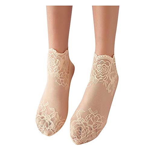 Doublehero Frauen Söckchen Spitzen Damen Sommer Jahrgang Ultradünne Transparent Schöne Spitze Elastische Kurze Socken für Erwachsene Socken (Beige) von Doublehero