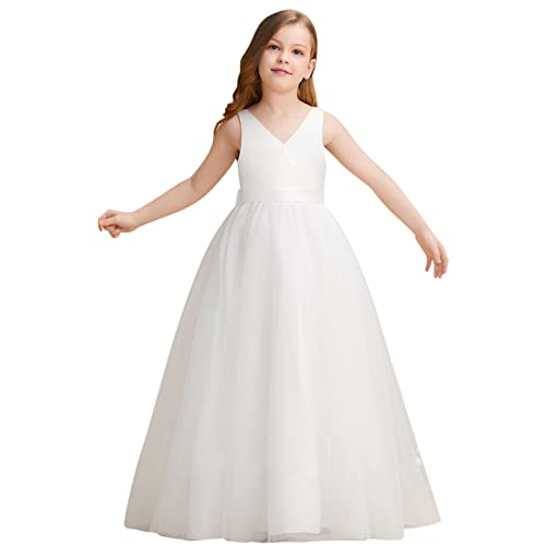 Mädchen Kleider Party Kleider Elegant Kinder Prinzessin Kleid Kleid Schleife ärmellose Kleidung Kleinkind Tüll 4-14 Jahre Solide Prinzessin Party Kinderkostüm Mädchen Mit Trägern (White, 11-12 Years) von Doublehero