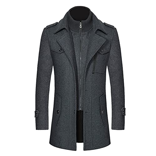 Winddichte Arbeit Bomberjacke Herren-Herbst- und Wintermantel Doppelkragen Wollmäntel Verdickter Kragen Mittellanger Wollreißverschluss-Trenchcoat Fahrradjacke Herren (Grey, XXXL) von Doublehero