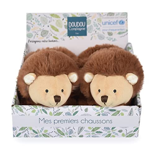 Doudou et Compagnie – Hausschuhe Igel – Unicef – Braun – offene Box – integrierte Rassel – Geschenkidee zur Geburt Mädchen und Jungen – von 0 bis 6 Monaten – DC3998 von Doudou et Compagnie