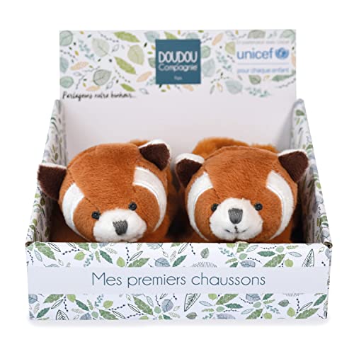 Doudou et Compagnie – Hausschuhe Panda rot – Unicef – offene Box – integrierte Rassel – Geschenkidee zur Geburt Mädchen und Jungen – von 0 bis 6 Monaten – DC4000 von Doudou et Compagnie