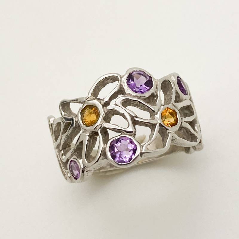 Amethyst Und Citrin Silber Blumenring - Handgemachter Douglas Entwurf von DougHughesJewellery