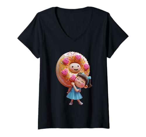 Damen Süßes Donut-Mädchen, lustiges Unisex-Design für Männer und Frauen T-Shirt mit V-Ausschnitt von Doughnut Girl Funny Unisex Design Men Women Tee