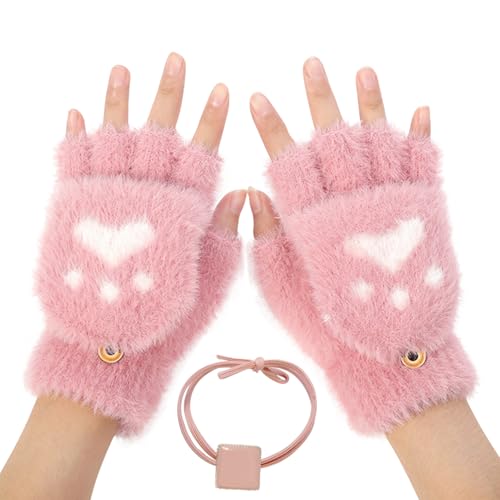 Halbfinger Handschuhe Damen,Katzenpfote Handschuhe,Damen Fingerlose Handschuhe,Abdeckung Umdrehen Handschuhe,Winterhandschuhe Damen,Handschuhe Winter,Plüsch Halbhandschuhe für Mädchen Kinder,Rosa von Doukesh
