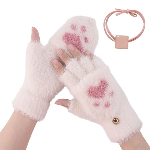 Halbfinger Handschuhe Damen,Katzenpfote Handschuhe,Damen Fingerlose Handschuhe,Abdeckung Umdrehen Handschuhe,Winterhandschuhe Damen,Handschuhe Winter,Plüsch Halbhandschuhe für Mädchen Kinder,Weiß von Doukesh