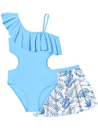 Doumlop Einteiliger Badeanzug für Mädchen, ausgeschnittener Mädchen-Badeanzug mit Netzrock, Rüschen, Mädchen-Badeanzug, Mädchen-Bademode, 9–16 Jahre, Blau, 13-14 Jahre von Doumlop