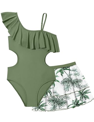 Doumlop Einteiliger Badeanzug für Mädchen, ausgeschnittener Mädchen-Badeanzug mit Netzrock, Rüschen, Mädchen-Badeanzug, Mädchen-Bademode, 9–16 Jahre, Grün , 13-14 Jahre von Doumlop