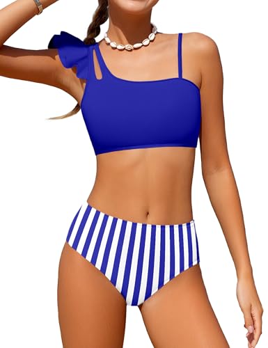 Doumlop Mädchen-Badeanzüge, zweiteiliges Bikini-Set, Rüschen-Badeanzug mit verstellbarem Riemen, schnell trocknend, Strand-Bademode, Mädchen 5–16 Jahre, Blau-1 gestreift, 13-14 Jahre von Doumlop