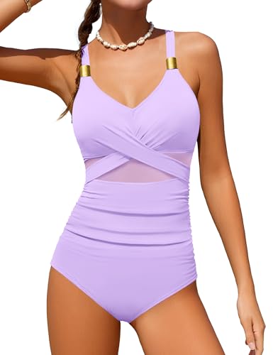 Doumlop Mädchen-Badeanzug, überkreuzt, einteiliger Badeanzug, Wickel-Raffhalter, durchsichtiges Netzgewebe, goldfarbene Metall-Bademode, 9–16 Jahre von Doumlop