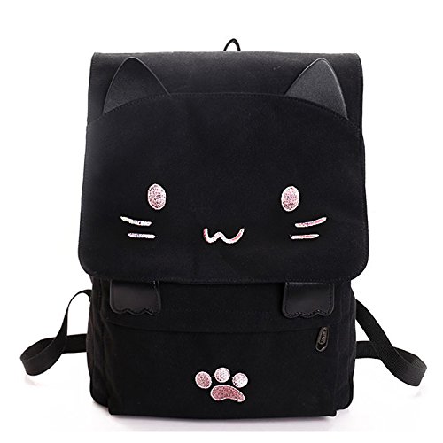 Doumneou Mode Nette Stickerei Leinwand Student Tasche Cartoons Frauen Rucksack Schultasche Schwarz & Rosa, schwarz / pink, Einheitsgröße von Doumneou