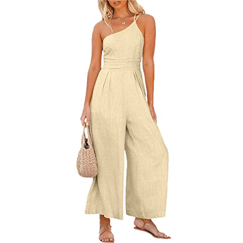 Dounpum Damen Jumpsuit High Waist One Shoulder Casual Playsuit Solid Drawstring Rompers Hose Woman Romper, beige, L von Dounpum