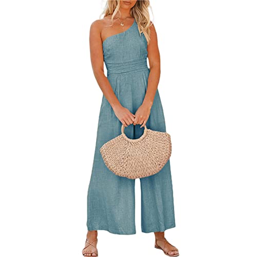 Dounpum Damen Jumpsuit High Waist One Shoulder Casual Playsuit Solid Drawstring Rompers Hose Woman Romper, hellblau, L von Dounpum