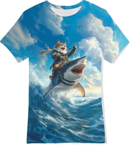 Dounpum Jungen Mädchen T-Shirt Kinder Tops mit Rundhalsausschnitt Hai Katze Tshirts für Kinder 15-16 Jahre von Dounpum