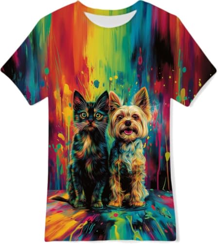 Dounpum Kinder Basic T-Shirts Kurzarm Jungen Mädchen Regenbogen Katzen Hunde T-Shirt Top für Kinder 10-12 Jahre von Dounpum
