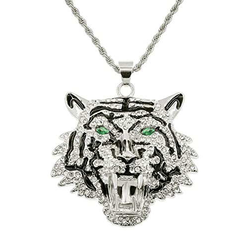 DouuYuhet CZ Voll brüllender Tigerkopf-Anhänger, Edelstahl-Halskette, Tigeranhänger, Halskette für Herren, Edelstahl-Schmuck, 61 cm lange Kette, Edelstahl, Zirkonia, Tiger von DouuYuhet