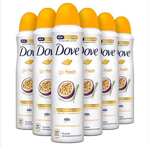 Dove, Go Fresh Deodorant Spray Passion Fruit, mit 1/4 Feuchtigkeitscreme, Antitranspirant, ohne Alkohol, trockene Haut bis zu 48 Stunden, frischer Duft, Deodorant für Damen und Herren, 6 Stück à 150 Dove, Go Fresh Deodorant Spray Passion Fruit, mit 1/4 Feuchtigkeitscreme, Antitranspirant, ohne Alkohol, trockene Haut bis zu 48 Stunden, frischer Duft, Deodorant für Damen und Herren, 6 Stück à 150 von Dove