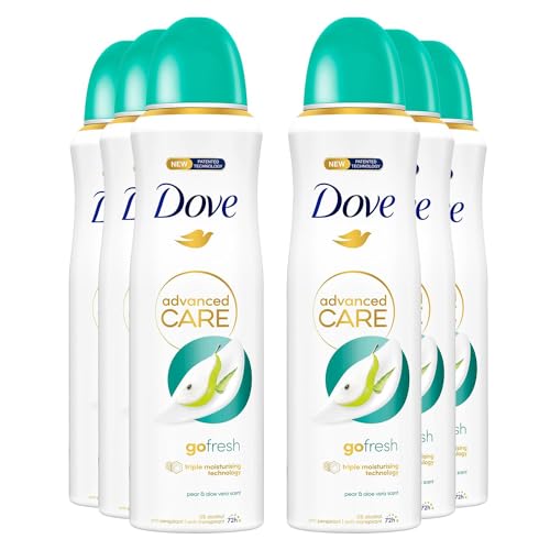 Dove Advanced Care Go Fresh Birne und Aloe Vera, mit feuchtigkeitsspendender und hautfreundlicher Formel, ohne Alkohol, trockene Haut bis zu 72 Stunden, Deodorant für Damen und Herren, 6 Stück à 200 von Dove