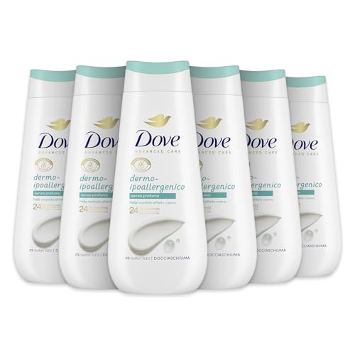 Dove Hypoallergenes Dermo-Duschgel, feuchtigkeitsspendendes Duschgel, milde Formel auf dem Hautmikrobiom, pflanzliche Feuchtigkeitsspender, ohne SLES, Duschbad für Damen und Herren, 6 Stück à 225 ml von Dove