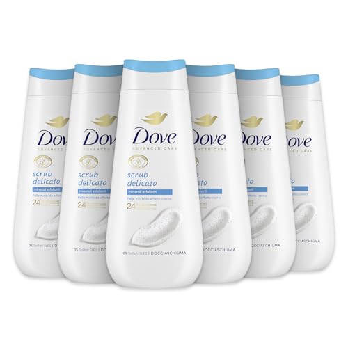 Dove Sanftes Peeling, feuchtigkeitsspendendes Duschgel, milde Formel auf dem Hautmikrobiom, mit pflanzlichen feuchtigkeitsspendenden Wirkstoffen, ohne SLES, Duschbad für Damen und Herren, 6 Stück à von Dove