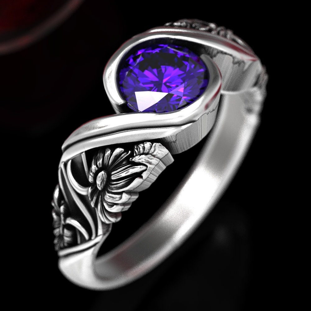 Amethyst Gänseblümchen Verlobungsring, Jugendstil Ring, Ehering, Lila Silber Naturring, 1524 von DoveAndBunting