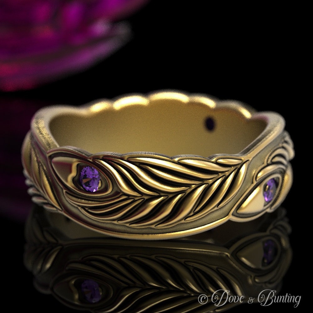 Amethyst Gold Federring, Weißgold Feder Ehering, Jugendstil Ring, Herz 1624 von DoveAndBunting