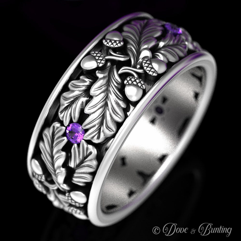 Amethyst Natur Ring, Sterling Silber Herren Ehering, Blatt Eiche 1611 von DoveAndBunting