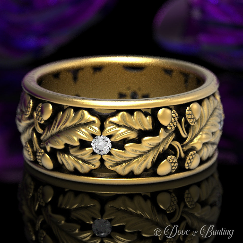 Blatt-Ehering, Gold-Moissanit-Ehering, Eichenbaum-Ring, Natur-Ring, Wald-Ehering, Gold-Eichel-Ring, 1611 von DoveAndBunting