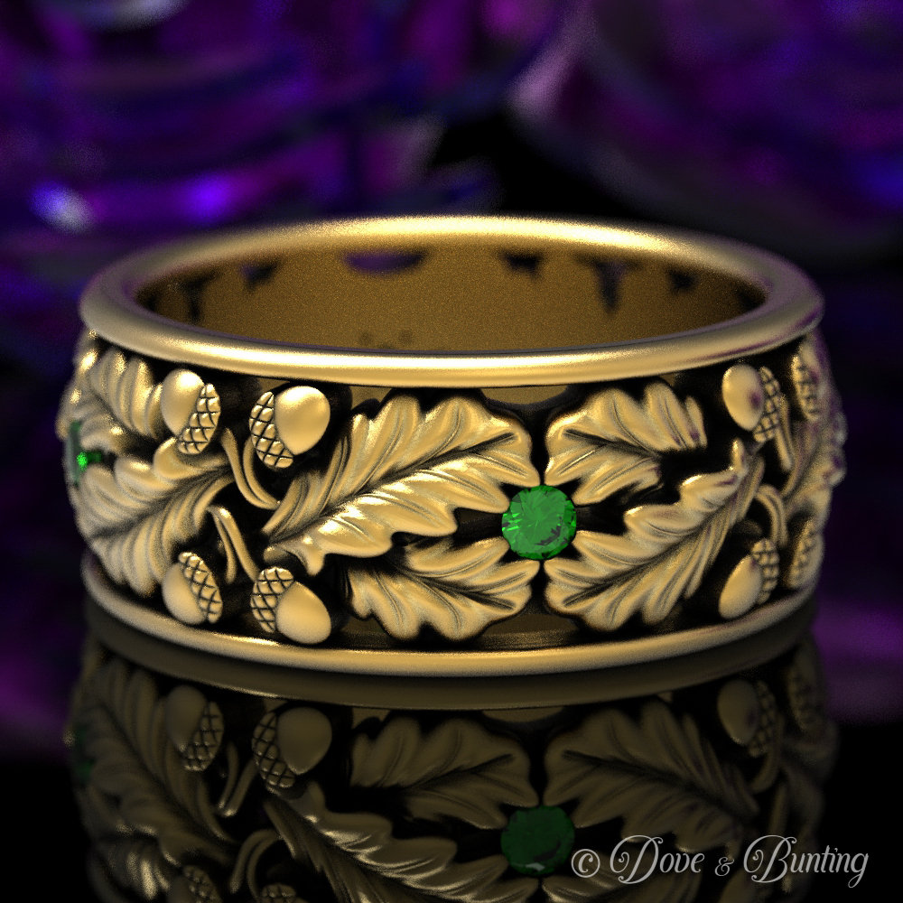 Blatt-Ehering, Gold-Smaragd-Ehering, Weißgold-Blattring, Eichenbaum-Ring, Natur-Ring, Wald-Ehering, Gold-Eichel-Ring, 1611 von DoveAndBunting