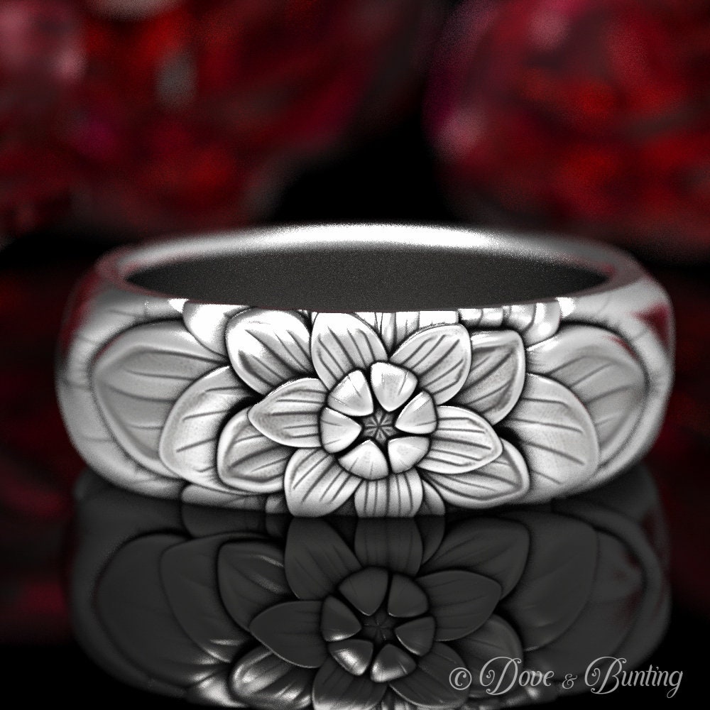 Blumen-Ehering, Sterling-Lotus-Ehering, Silberner Jugendstil-Ring, Floraler Ehering, Blumenring, Damen-Blumenring, 1616 von DoveAndBunting