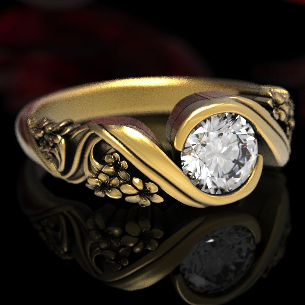Blumen Moissanite Verlobungsring, Gold Lilie Floral Ehering, Jugendstil Ring, Ehering 1526 von DoveAndBunting