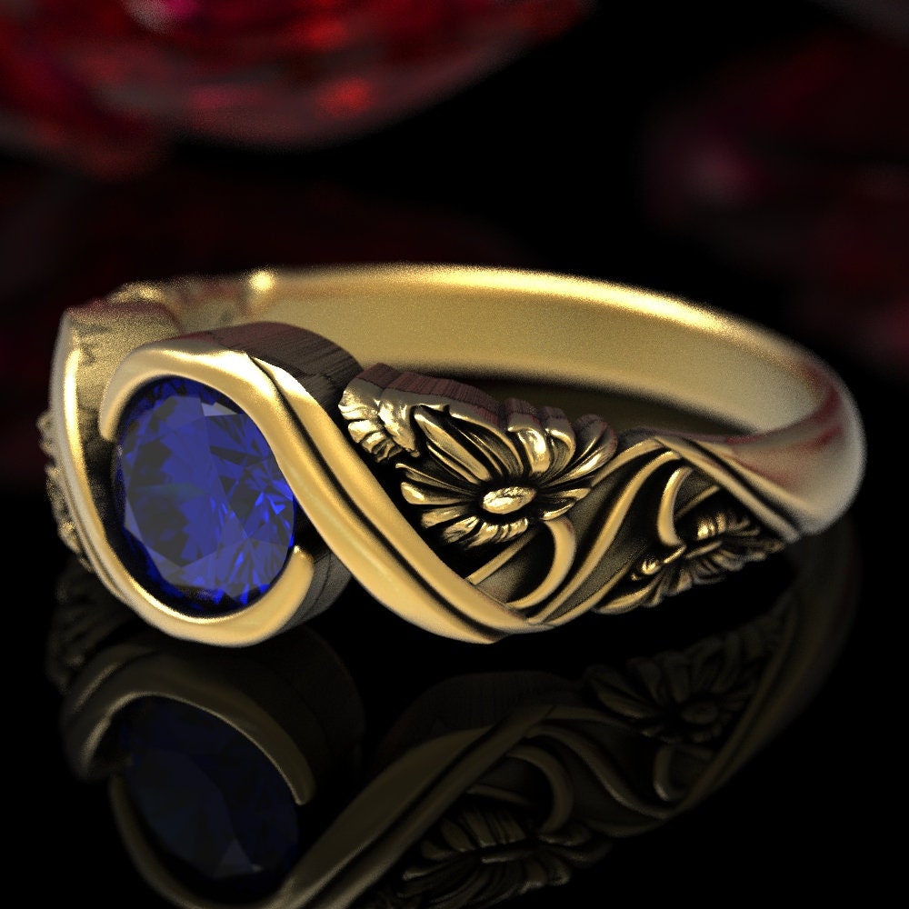 Gänseblümchen Gold Saphir Verlobungsring, Ehering, Jugendstil Ring, Blauer 1524 von DoveAndBunting