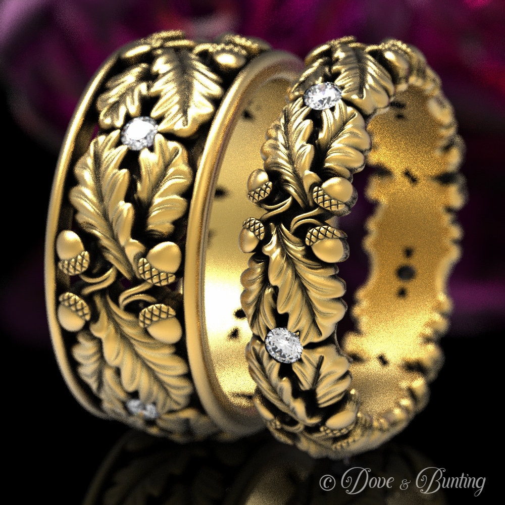 Moissanit-Gold-Eichenring-Set, Passende Goldene Eheringe, Eichenbaumringe, Baum-Eheringe, Eichen-Eheringe, Gold-Eichelring, 1612 1611 von DoveAndBunting