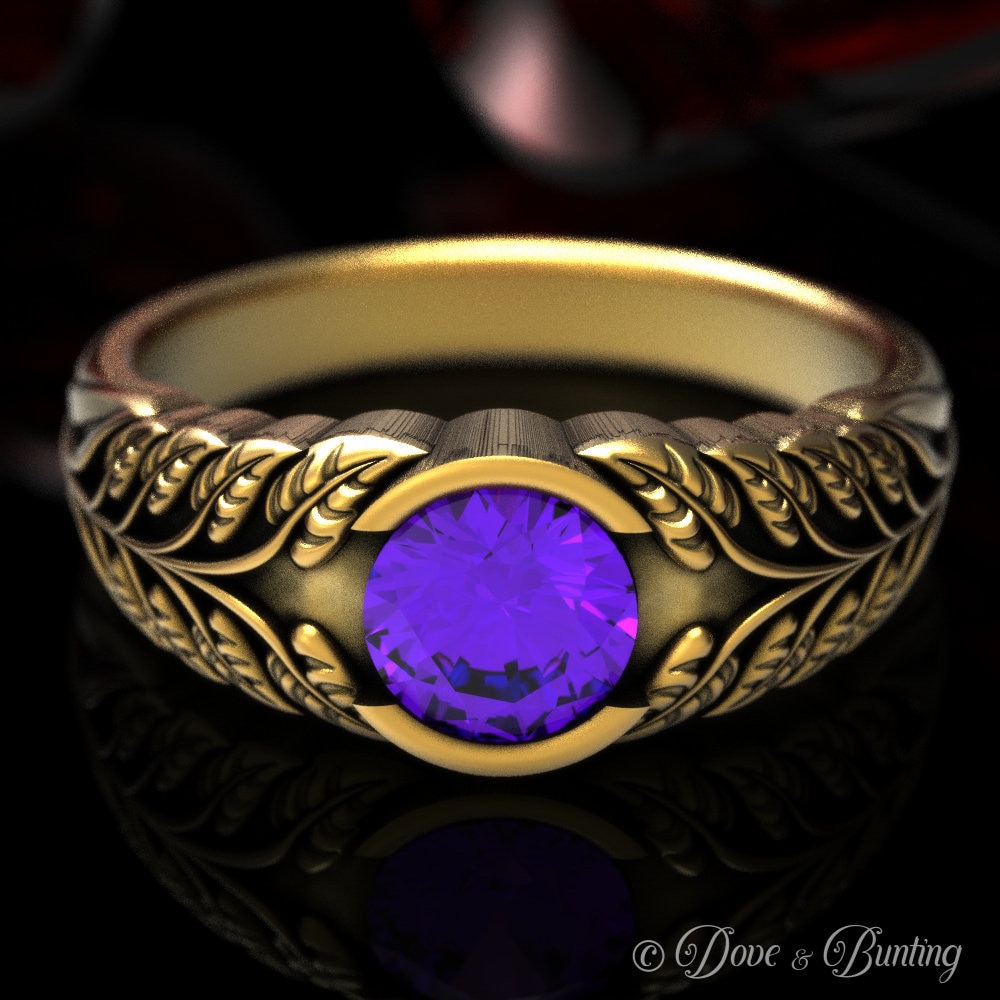 Gold Amethyst Jugendstil Ring, Blätter Verlobung, Verlobungsring, Ehering, Weißgold Wald 1662 von DoveAndBunting