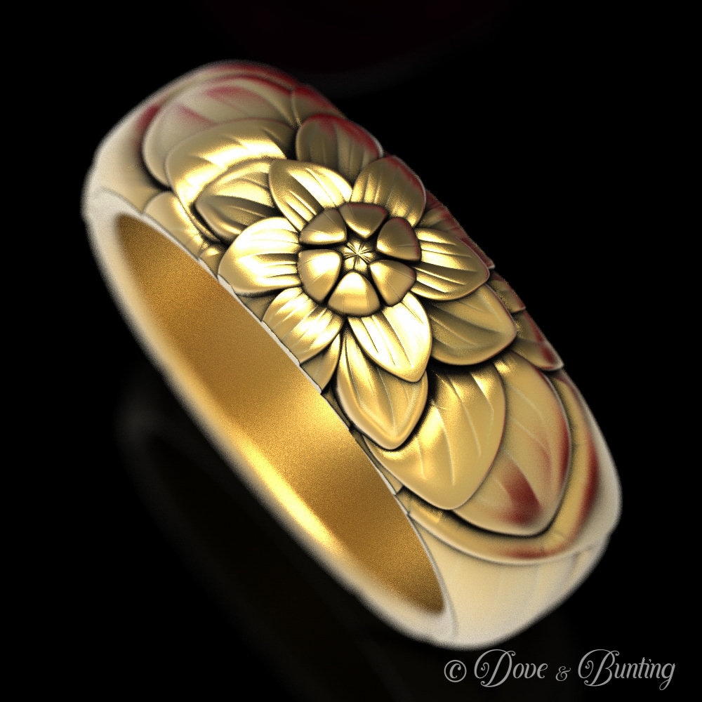 Gold Blumenring, Lotus Ehering, Jugendstil Ring, Blumen Weißgold Platin 1616 von DoveAndBunting