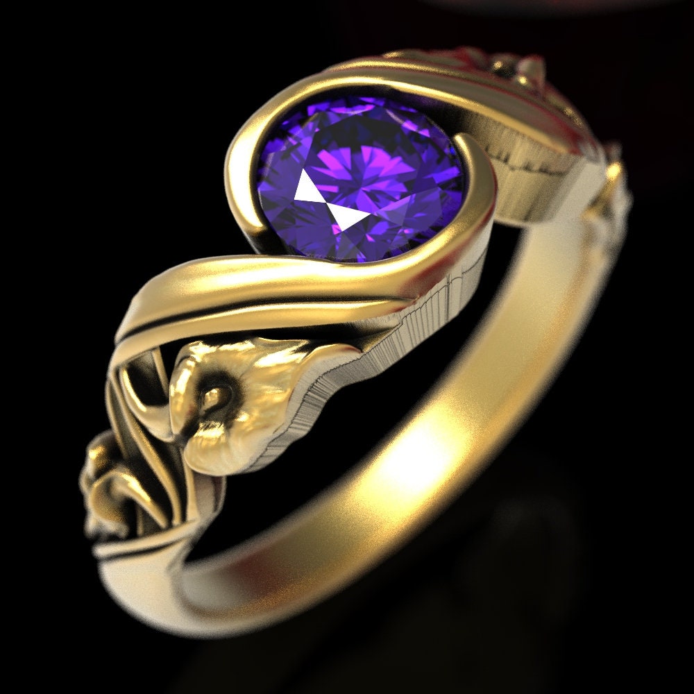 Calla Lilie Amethyst Verlobungsring Gold, Vintage Ring Lila Verlobungsring, Gold Jugendstil Ring, Ehering 1525 von DoveAndBunting