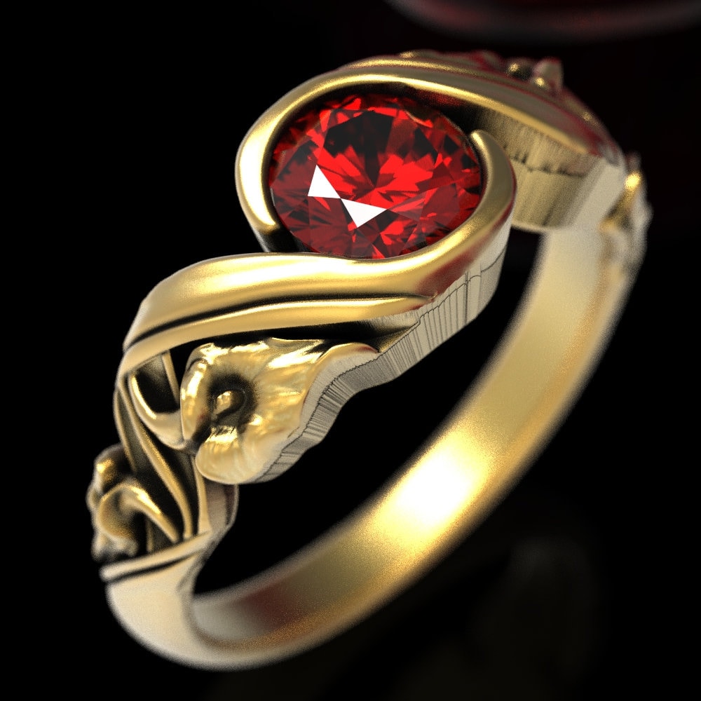 Gold Calla Lilie Rubin Ring, Verlobungsring, Floral Ehering, Roter Jugendstil 1525 von DoveAndBunting