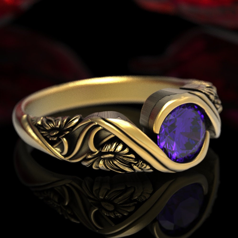 Gold Daisy Amethyst Verlobungsring, Vintage Ring Lila Jugendstil Ring, Ehering 1524 von DoveAndBunting