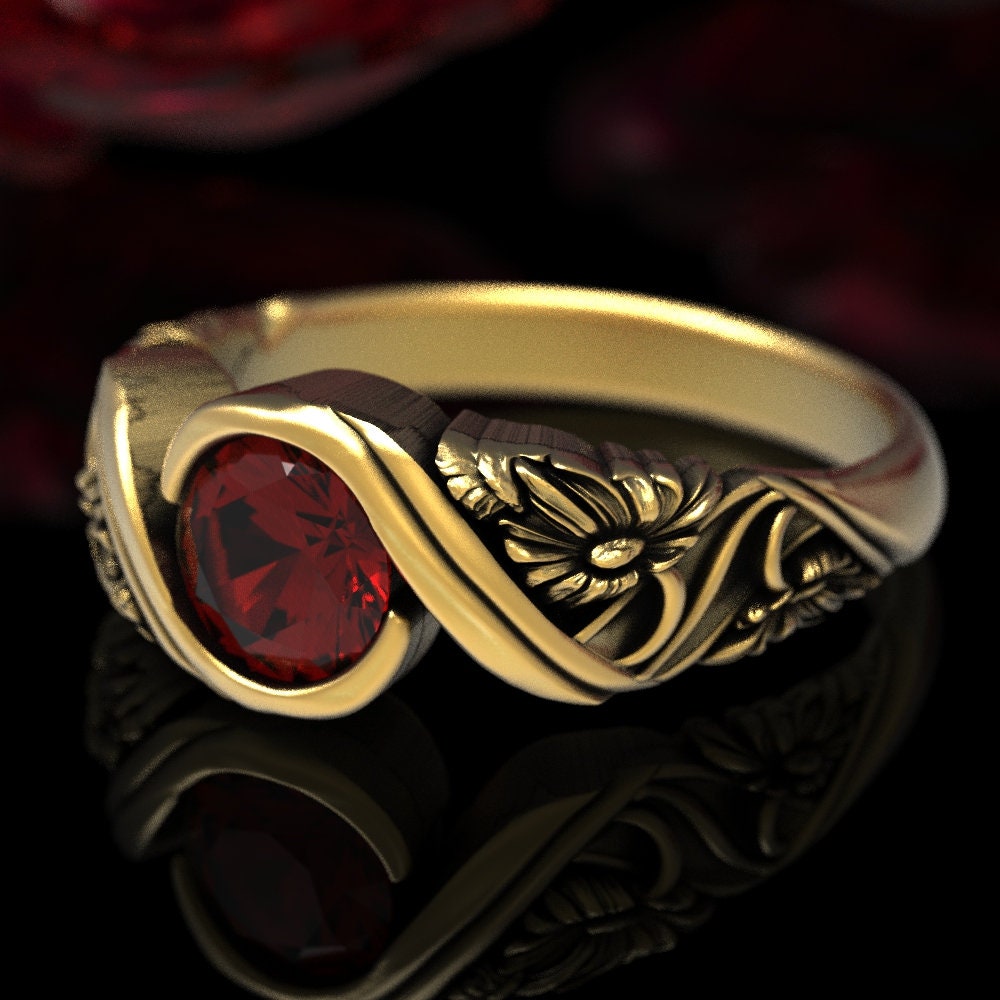 Gold Gänseblümchen Rubin Ring, Verlobungsring, Floral Ehering, Rot Jugendstil 1524 von DoveAndBunting