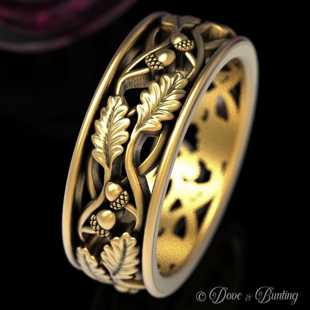 Gold-Eichenbaum-Ring, Blatt-Ehering, Gold-Herren-Ehering, Natur-Ring, Wald-Ehering, Gold-Eichel-Ring, 1647 von DoveAndBunting