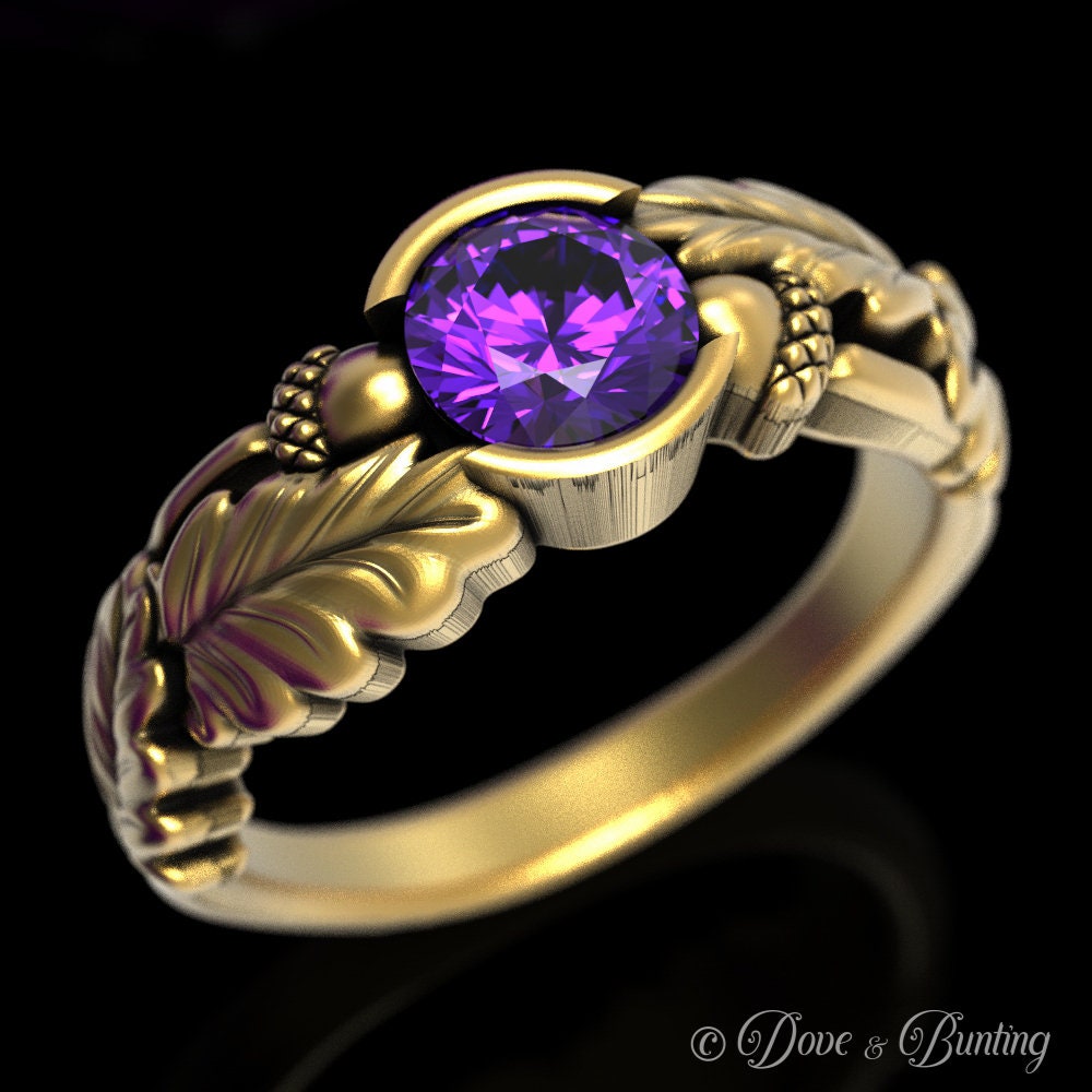 Gold Eichel Ring, Amethyst Verlobungsring, Natur Blattgold Ehering, Eiche Baum 1603 von DoveAndBunting